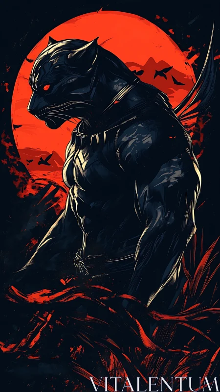 Black panther humanoid stands before red circular background