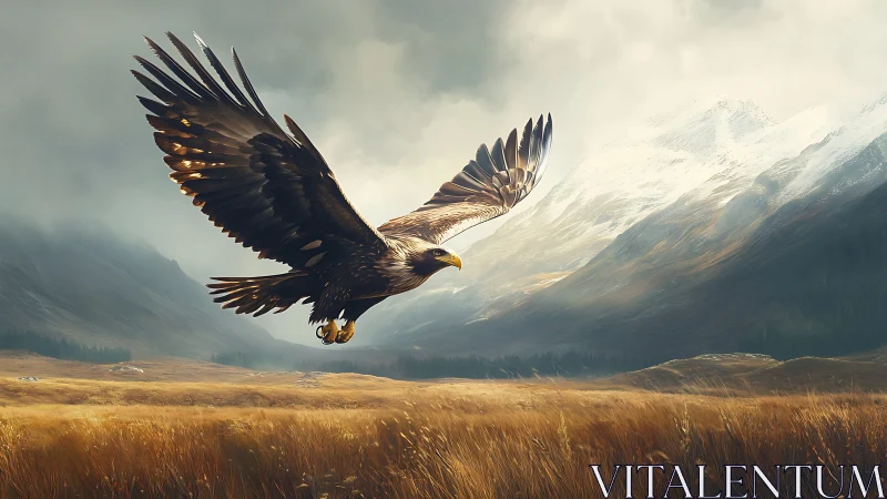 Majestic eagle soaring over golden valley with snow-capped mountains.