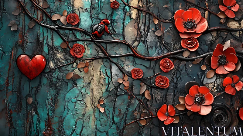 Red Blossoms and Hearts on Weathered Turquoise Canvas.