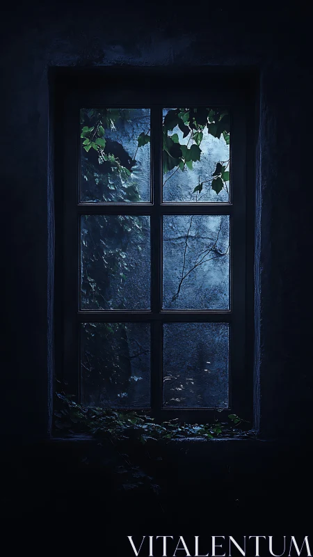 Moonlit ivy window inviting quiet night time reflection.