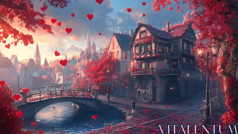 Crimson dreams bloom: enchanted bridge over love's cascade