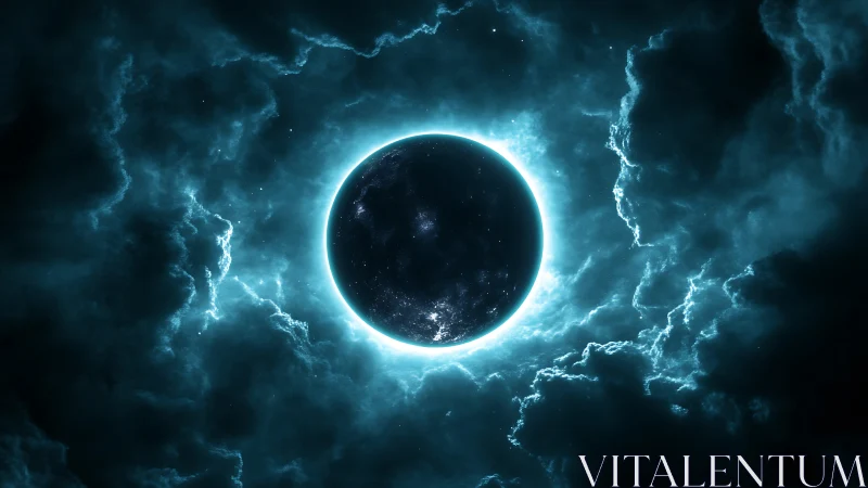 Eclipsed planet glows within luminous teal storm clouds
