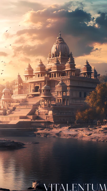 Sunlit riverside palace rendered in warm architectural detail