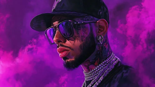 Tattooed hip-hop portrait in neon magenta vapor glow.