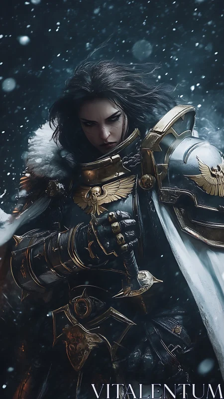 Armored warrior with sword in snow, detailed metal plating.