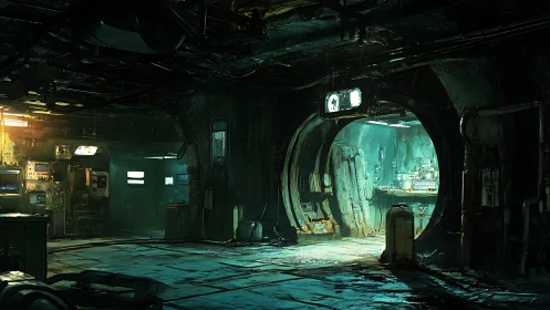 Abandoned sci fi bunker interior shows circular doorway and lab