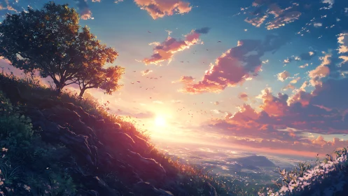 Sunlit hillside panorama renders atmospheric depth at sunrise