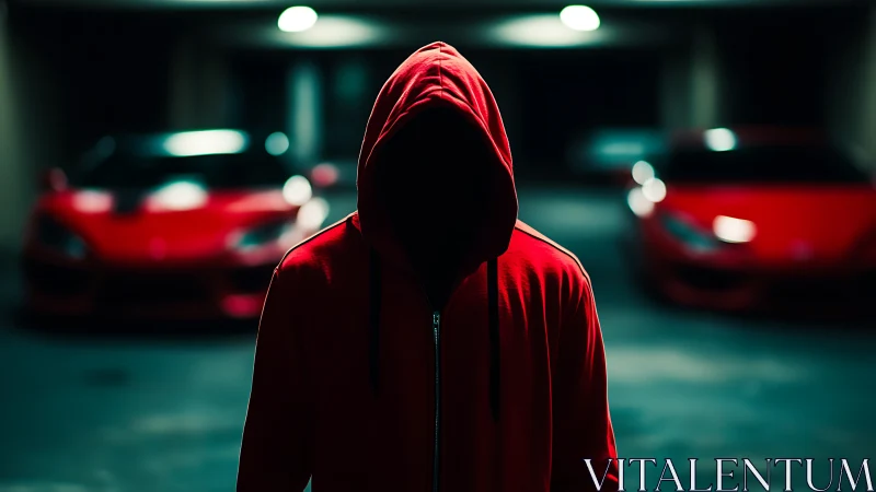 Mysterious hooded figure framed by sleek red sports cars.