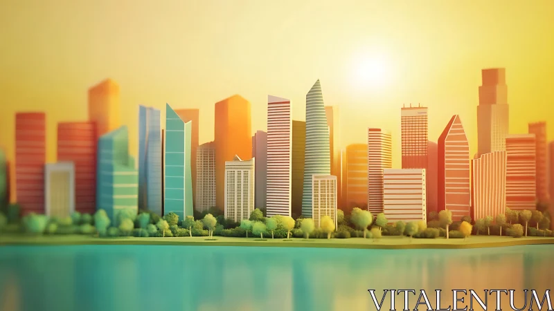 Sunlit stylized waterfront skyline with geometric high-rises