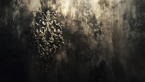 Baroque floral relief glows on distressed dark wall