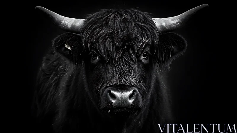 Black highland bull portrait under dramatic low key light.