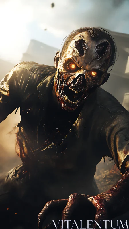Glowing-eyed zombie lunges through smoky, ruined battlefield.