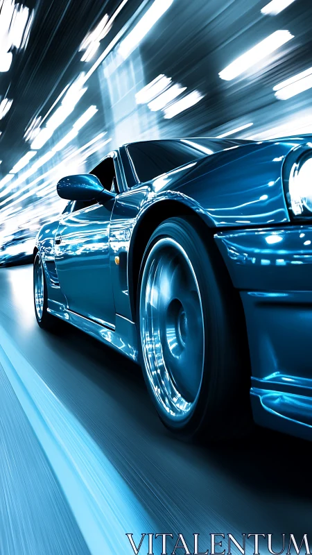 Electric blue sports coupe storms through neon tunnel at speed.