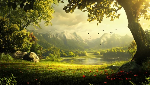 Sunlit forest clearing opens onto tranquil mountain lake.