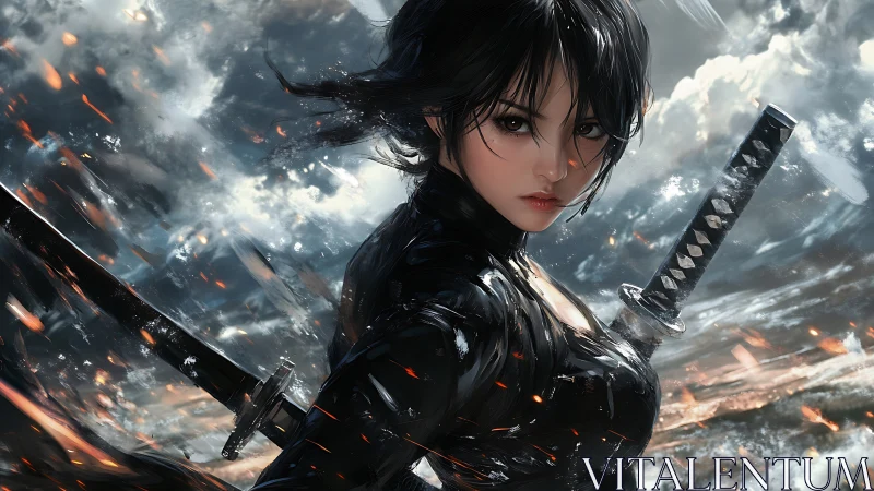 Dynamic anime swordswoman in storm-lit battlefield environment