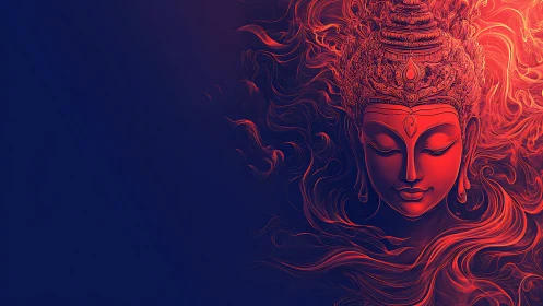 Digital rendering shows stylized red deity head on dark blue field