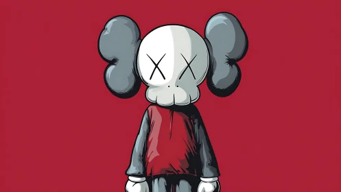 Flat-shaded skull-headed character on solid carmine backdrop