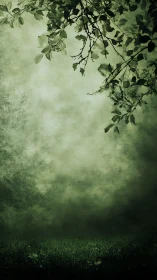 Textured verdant mist beneath silhouetted arboreal canopy.