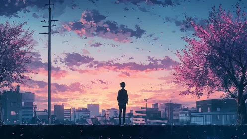 Solitary figure viewing urban skyline under pink sunset.