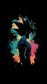 Silhouetted Saiyan contemplates within exploding nebula paint