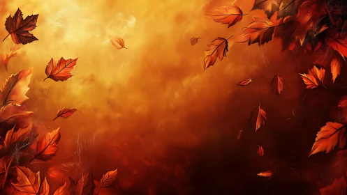 Autumn maple foliage swirling through warm amber gradient sky