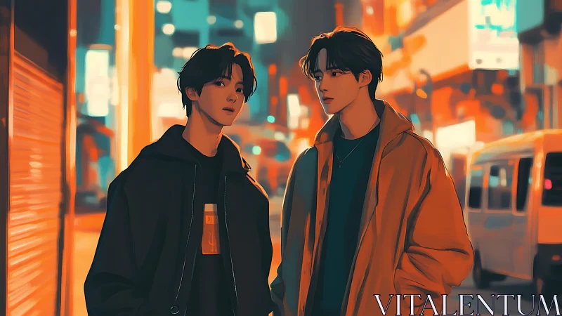 Two young men stand on neon city street at night