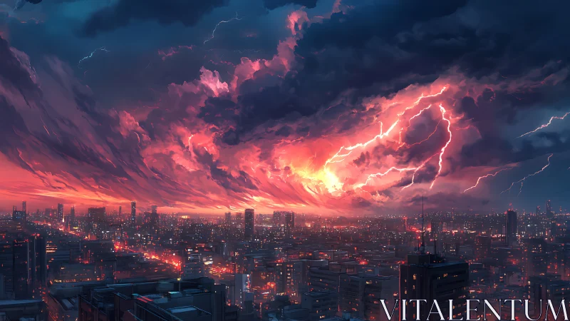 Storm lit city skyline under intense burning sunset clouds.