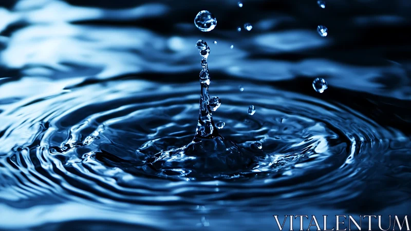Deep blue water droplet rises as ripples echo in silence