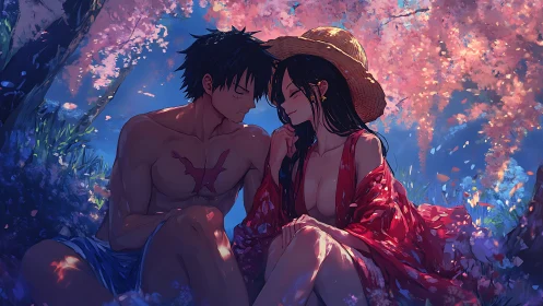 Blossom-kissed lovers bask beneath a drifting petal sky.