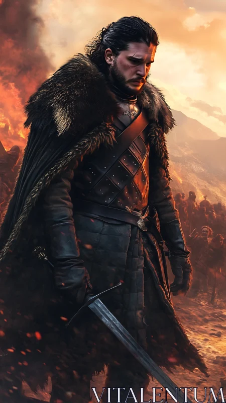 Stoic warrior in fur cloak amid blazing battlefield dusk.