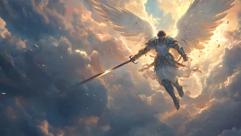 Armored winged figure with sword suspended among clouds.
