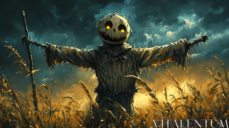 Scarecrow figure stands in backlit grain field at dusk