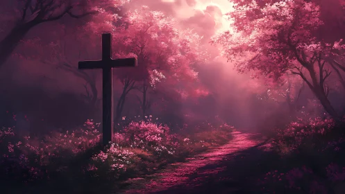 Cross in radiant pink forest path under ethereal light.