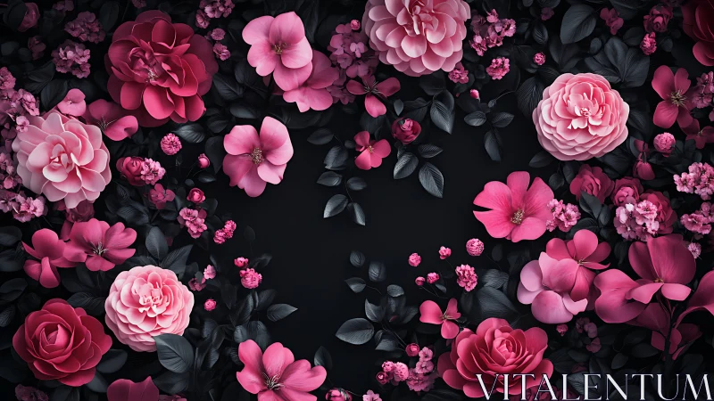 Pink and Crimson Florals Arranged Against Deep Black Background.