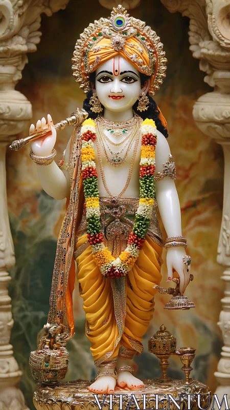 Ornate Hindu deity statue with flute and garlands on pedestal.