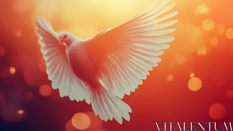 White dove in radiant backlight with warm bokeh glow.