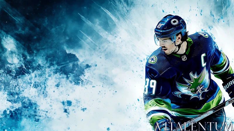 Icy burst of energy with a determined hockey captain in motion.