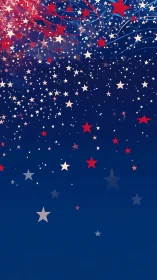 Red and white star confetti cascades across deep blue sky