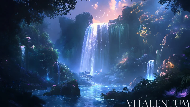 Luminous fantasy waterfalls in a glowing jungle valley.