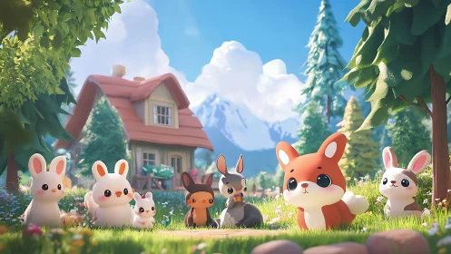 Anthropomorphic woodland animals sit before a rural cottage