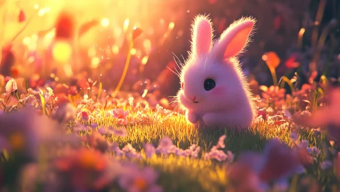 Backlit pastel bunny in shallow depth spring meadow glow