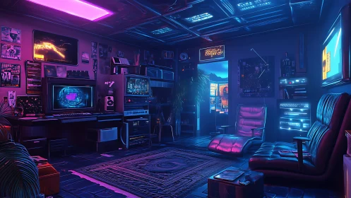 Retro-futuristic neon workstation in dim interior room.