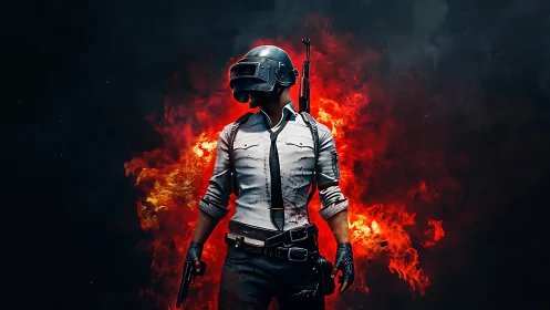 Helmeted combatant stands before dense fiery explosion glow