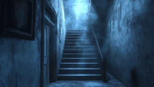 Dim corridor staircase rises into harsh blue backlight