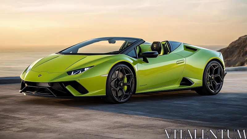 Sunset coast cruise with a vivid green supercar shine.