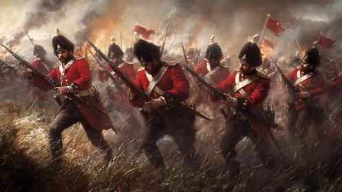 Oil battle tableau of redcoat infantry advancing under fire.