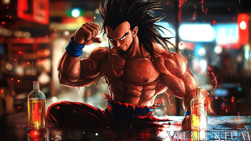 Streetlit warrior cools his rage with neon and bottled fire