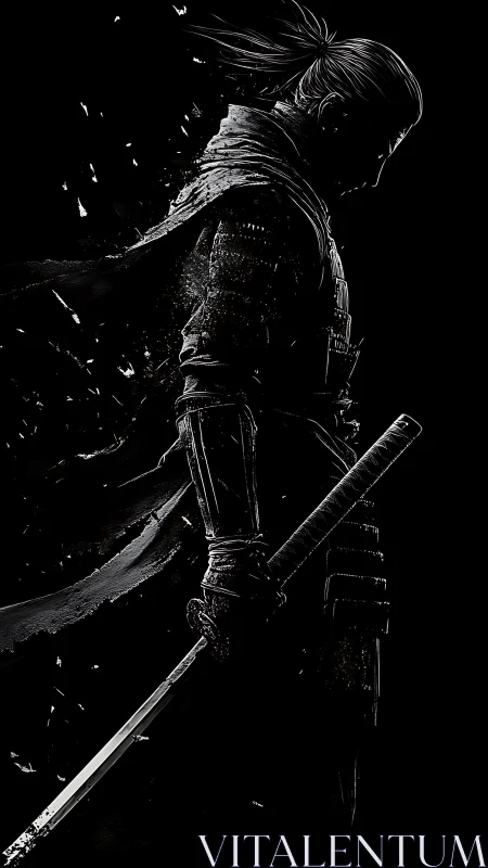 Monochrome side-profile ronin silhouette with katana draw stance