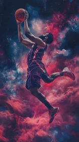Cosmic slam dunk amid swirling neon clouds of light.