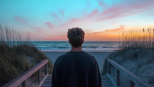 Backlit coastal observer on dune boardwalk at chromatic sunset.
